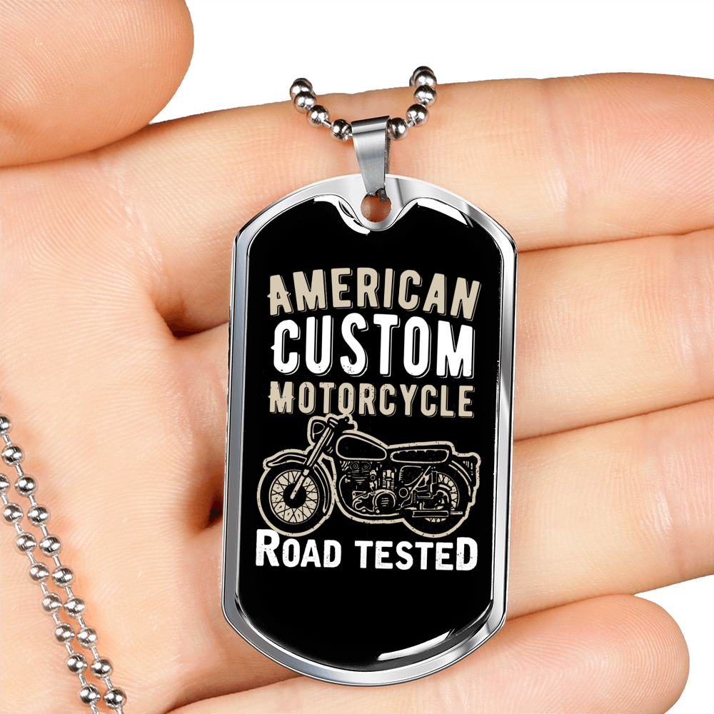 Road Tested Motorcyle Biker Necklace Stainless Steel or 18k Gold Dog Tag 24"-Express Your Love Gifts