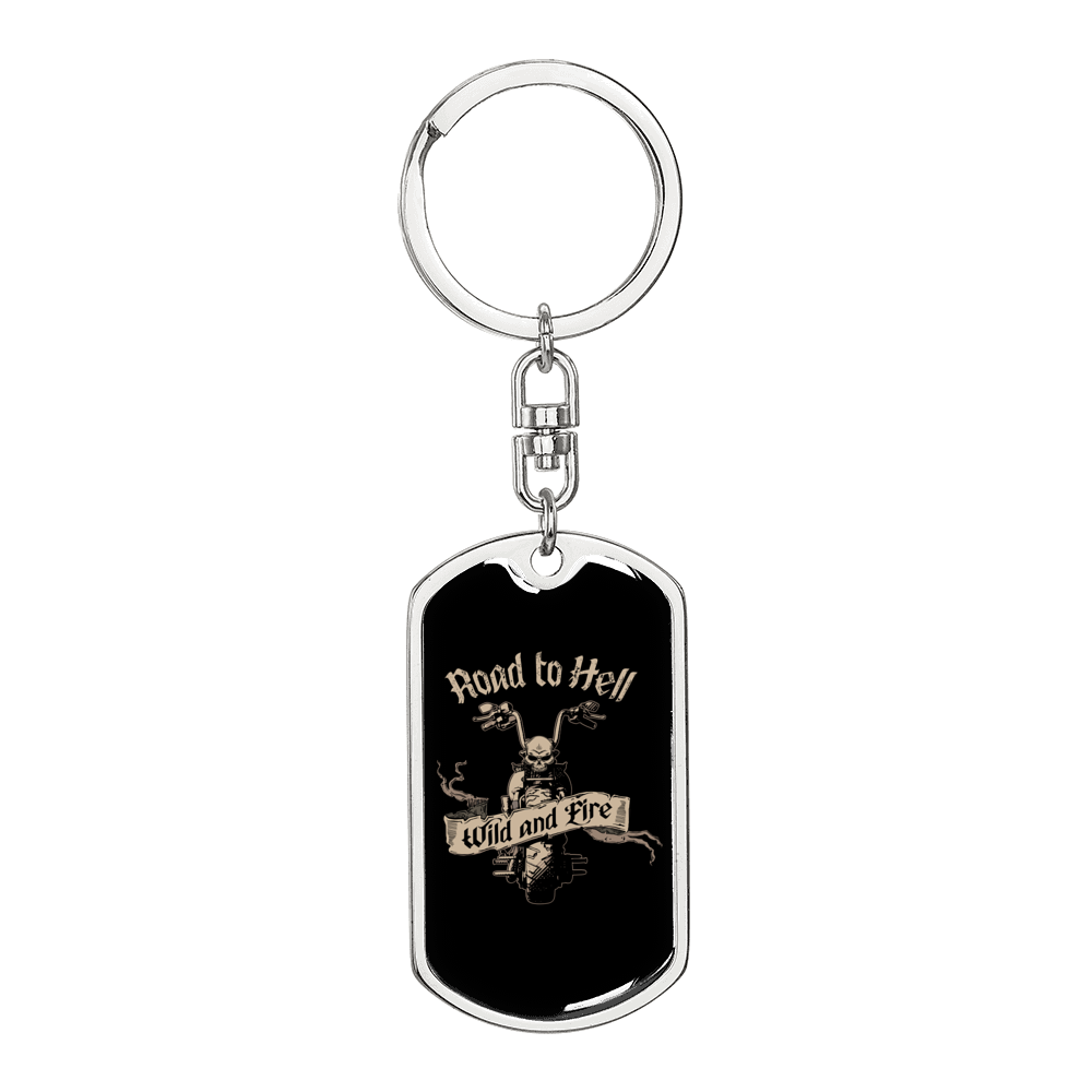 Road To Hell Biker Keychain Stainless Steel or 18k Gold Dog Tag Keyring-Express Your Love Gifts
