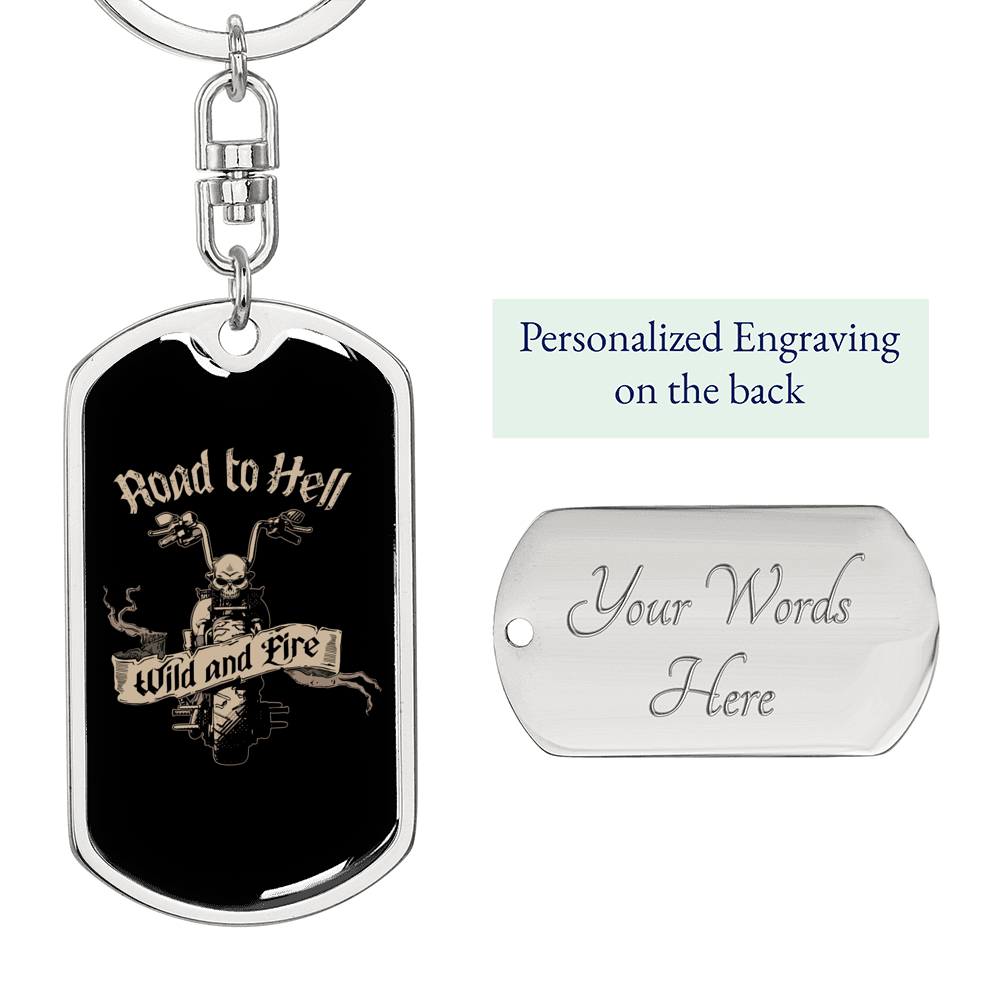 Road To Hell Biker Keychain Stainless Steel or 18k Gold Dog Tag Keyring-Express Your Love Gifts