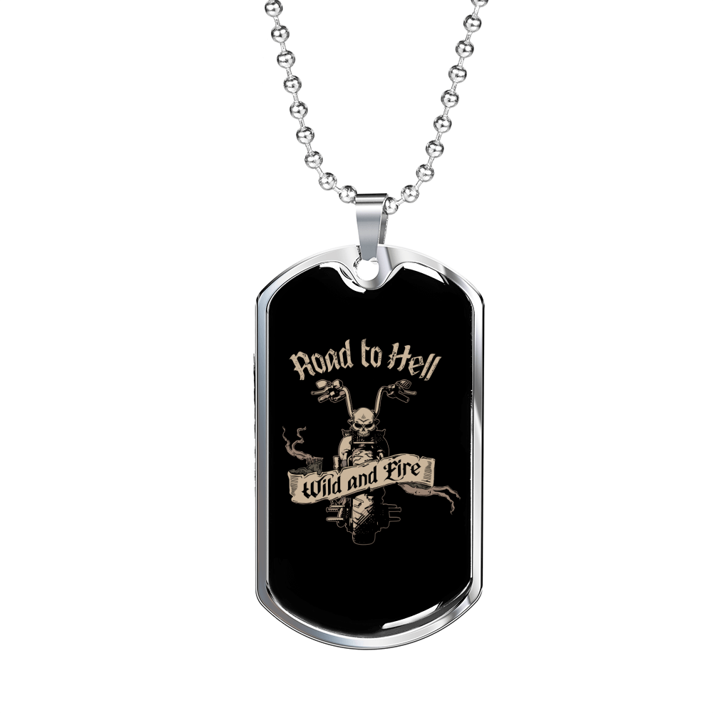 Road To Hell Biker Necklace Stainless Steel or 18k Gold Dog Tag 24"-Express Your Love Gifts