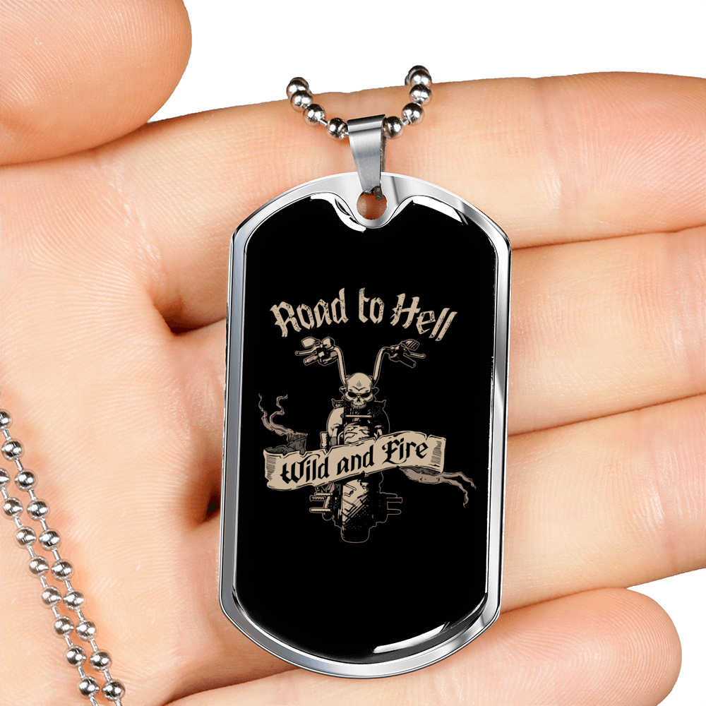Road To Hell Biker Necklace Stainless Steel or 18k Gold Dog Tag 24"-Express Your Love Gifts