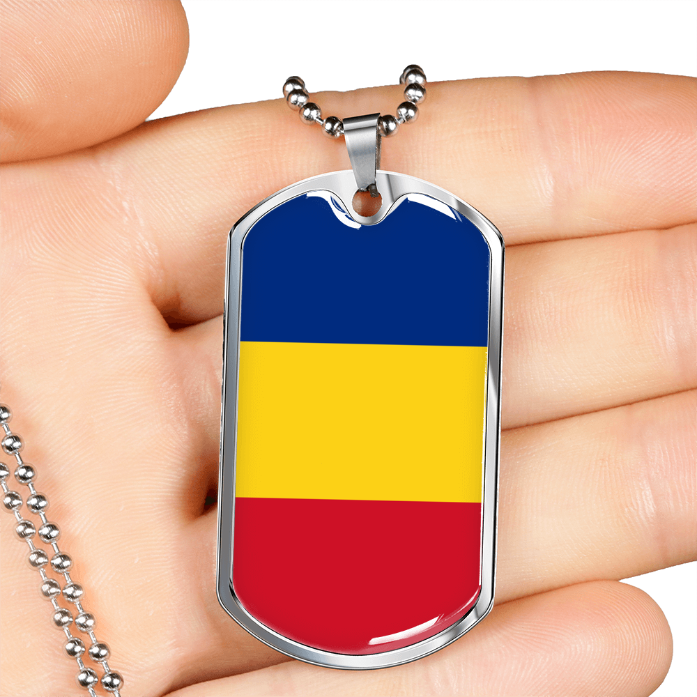 Romania Flag Necklace Stainless Steel or 18k Gold Dog Tag 24" Chain-Express Your Love Gifts