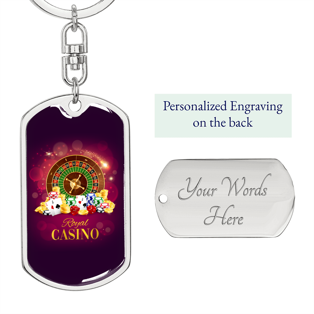 Royal Casino Gambler Keychain Stainless Steel or 18k Gold Dog Tag Keyring-Express Your Love Gifts