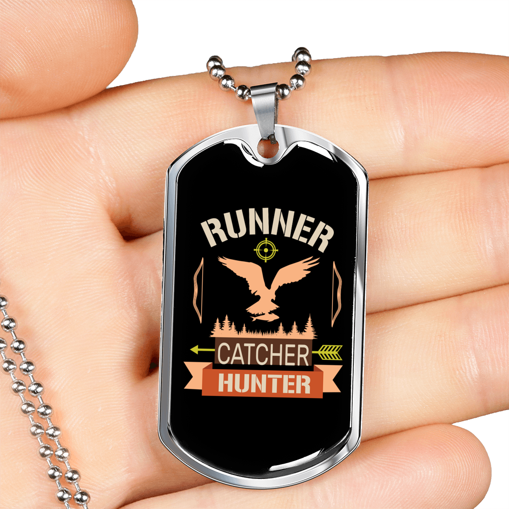 Runner Catcher Hunter Hunting Necklace Stainless Steel or 18k Gold Dog Tag 24"-Express Your Love Gifts