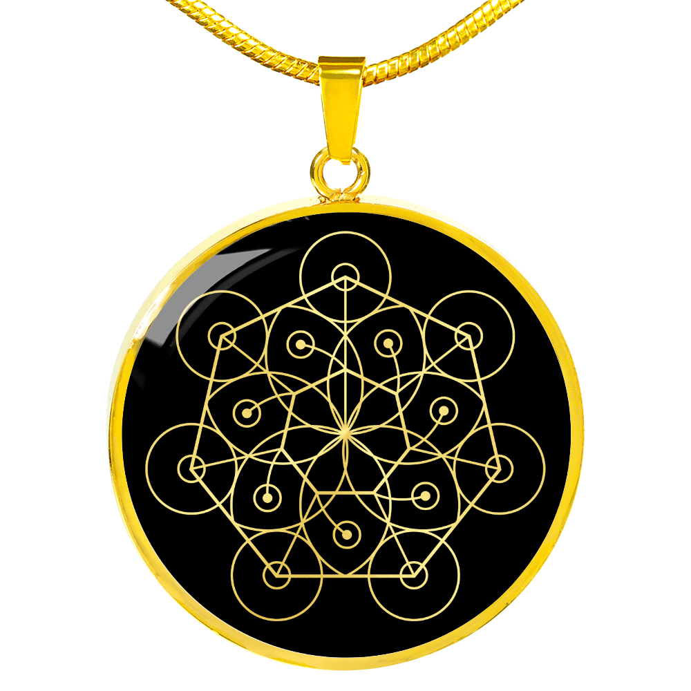 Sacred Geometry Flower Inside Polygon Black Circle Necklace Stainless Steel or 18k Gold 18-22"-Express Your Love Gifts