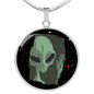 Sad Alien Waving Circle Pendant UFO Alien Fan Necklace Stainless Steel or 18k Gold 18-22"-Express Your Love Gifts