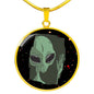Sad Alien Waving Circle Pendant UFO Alien Fan Necklace Stainless Steel or 18k Gold 18-22"-Express Your Love Gifts