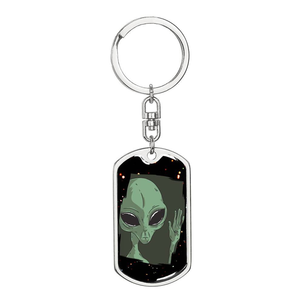 Sad Alien Waving Dog Tag Keychain Stainless Steel or 18k Gold Keyring-Express Your Love Gifts