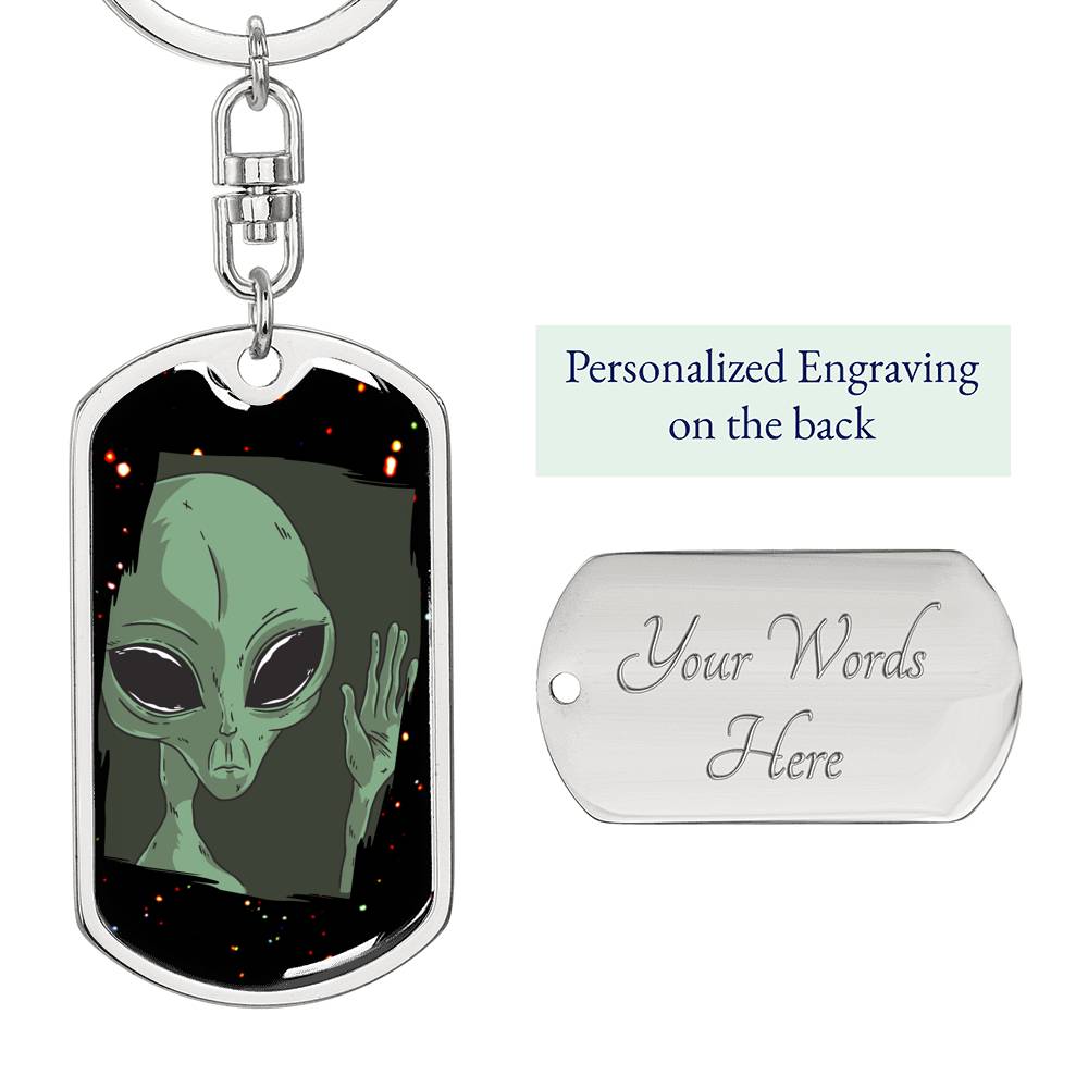 Sad Alien Waving Dog Tag Keychain Stainless Steel or 18k Gold Keyring-Express Your Love Gifts