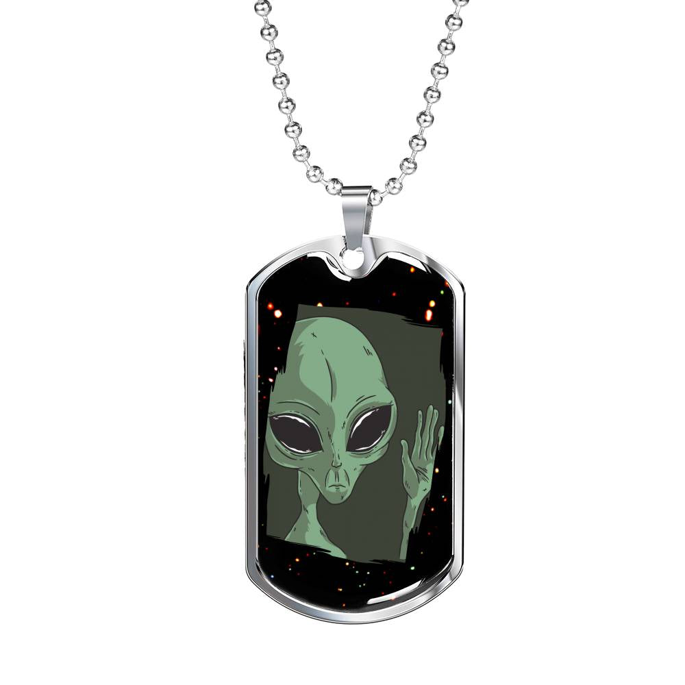 Sad Alien Waving Necklace UFO Alien Fan Gift Stainless Steel or 18k Gold Dog Tag 24" Chain-Express Your Love Gifts