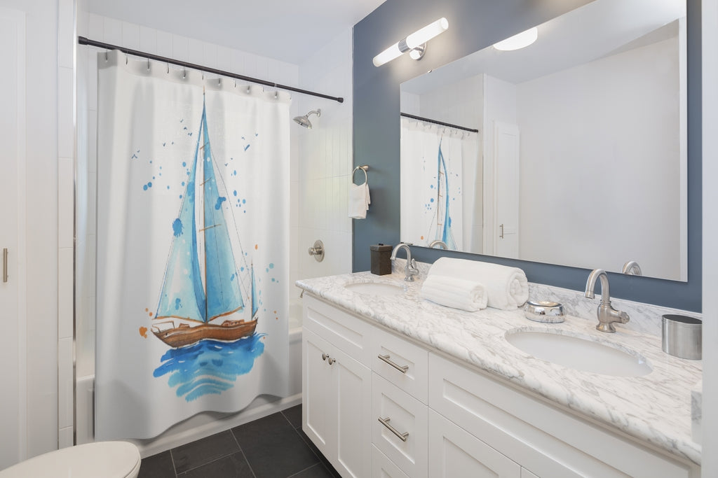 Sailing Boat Illustration Stylish Design 71" x 74" Elegant Waterproof Shower Curtain for a Spa-like Bathroom Paradise Exceptional Craftsmanship-Express Your Love Gifts