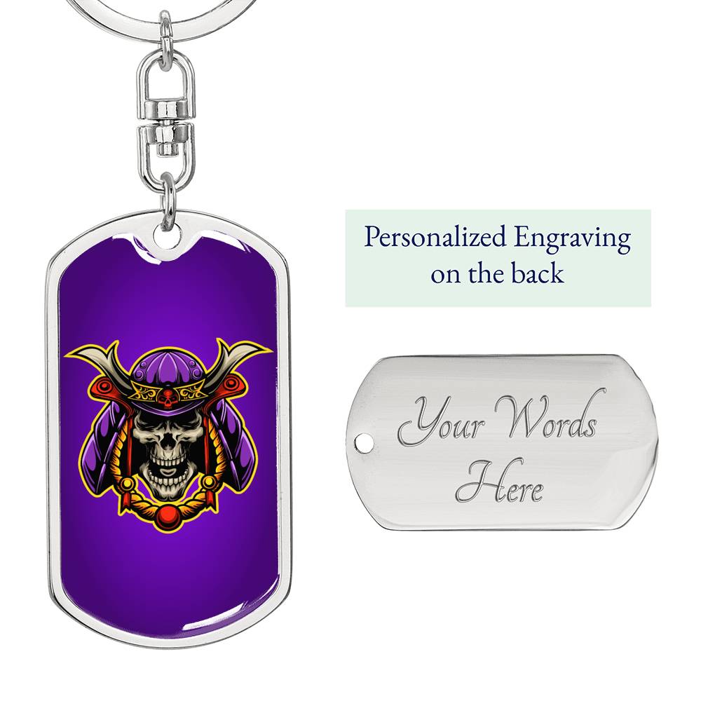 Samurai Skull Warrior Purple Keychain Dog Tag Stainless Steel or 18k Gold-Express Your Love Gifts