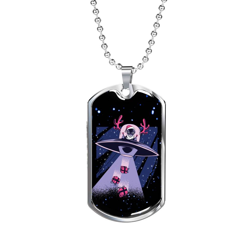 Santa Alien Necklace UFO Alien Fan Gift Stainless Steel or 18k Gold Dog Tag 24" Chain-Express Your Love Gifts