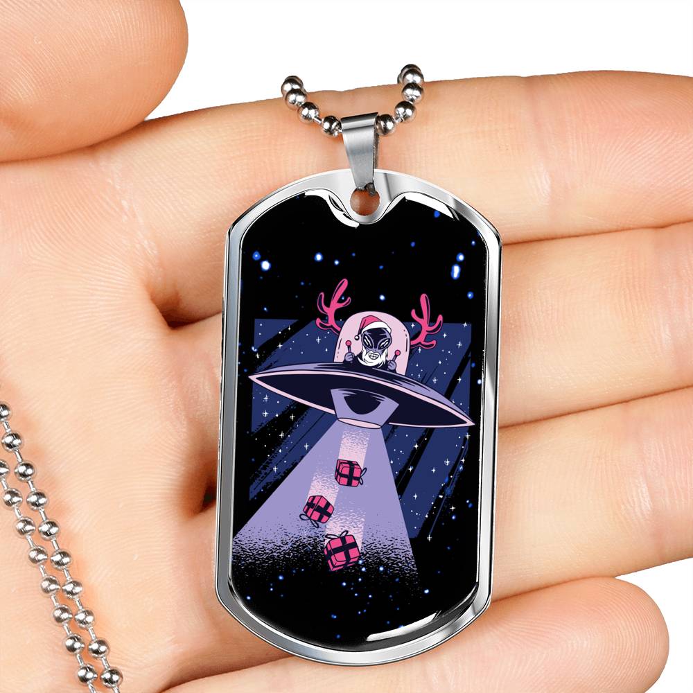 Santa Alien Necklace UFO Alien Fan Gift Stainless Steel or 18k Gold Dog Tag 24" Chain-Express Your Love Gifts