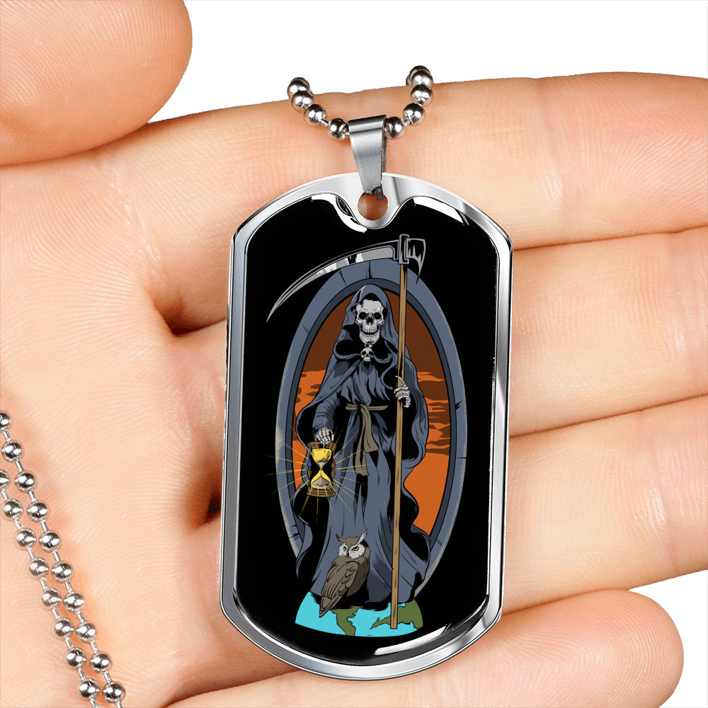 Santa Muerte Saint Holy Death Dog Tag Necklace Stainless Steel or 18k Gold 24" Chain-Express Your Love Gifts