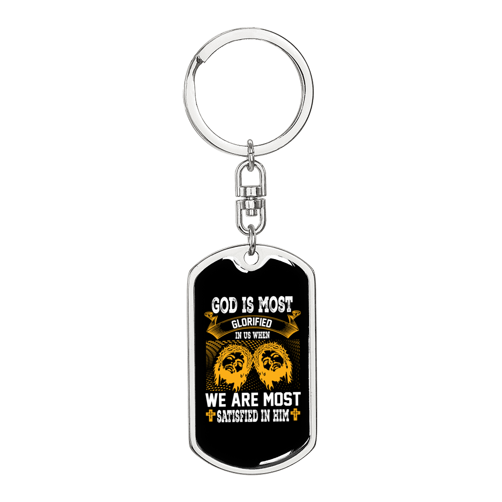 Satisfied In Him Keychain Stainless Steel or 18k Gold Dog Tag Keyring-Express Your Love Gifts