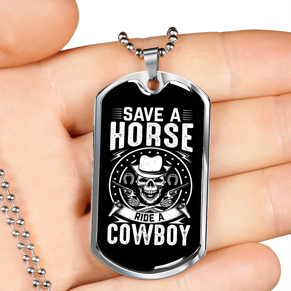Save a Horse Cowboy Horse Necklace Stainless Steel or 18k Gold Dog Tag 24" Chain-Express Your Love Gifts