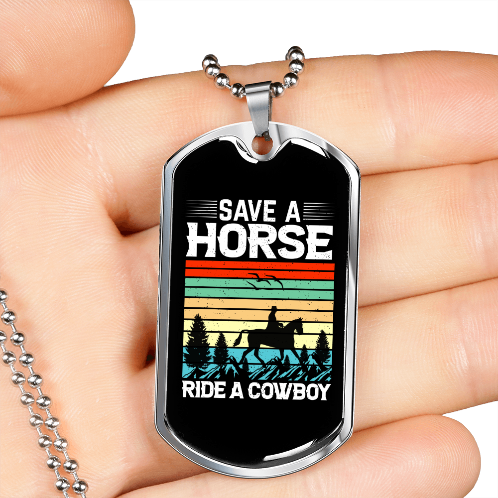 Save a Horse Ride a Cowboy Horse Necklace Stainless Steel or 18k Gold Dog Tag 24" Chain-Express Your Love Gifts