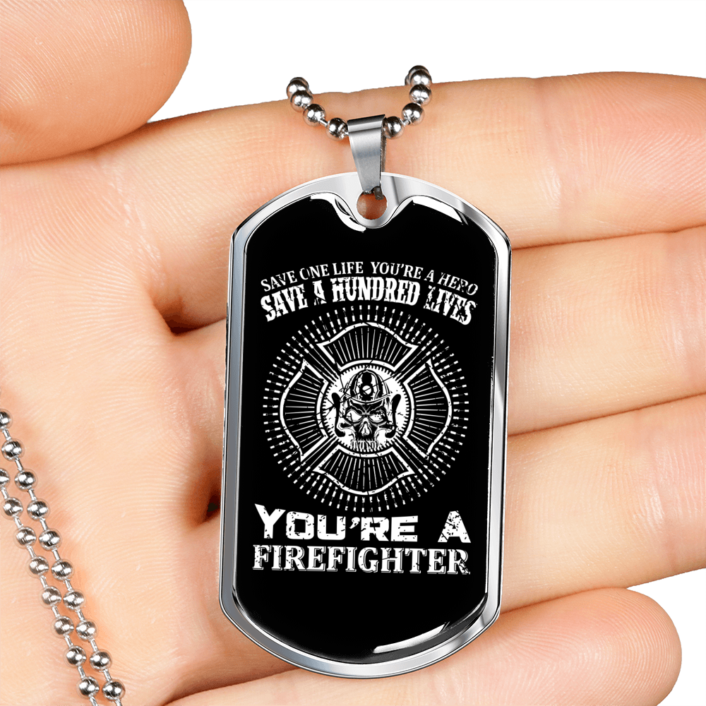 Saved A Hundred Lives Firefighter Gift Stainless Steel or 18k Gold Dog Tag 24" Chain-Express Your Love Gifts