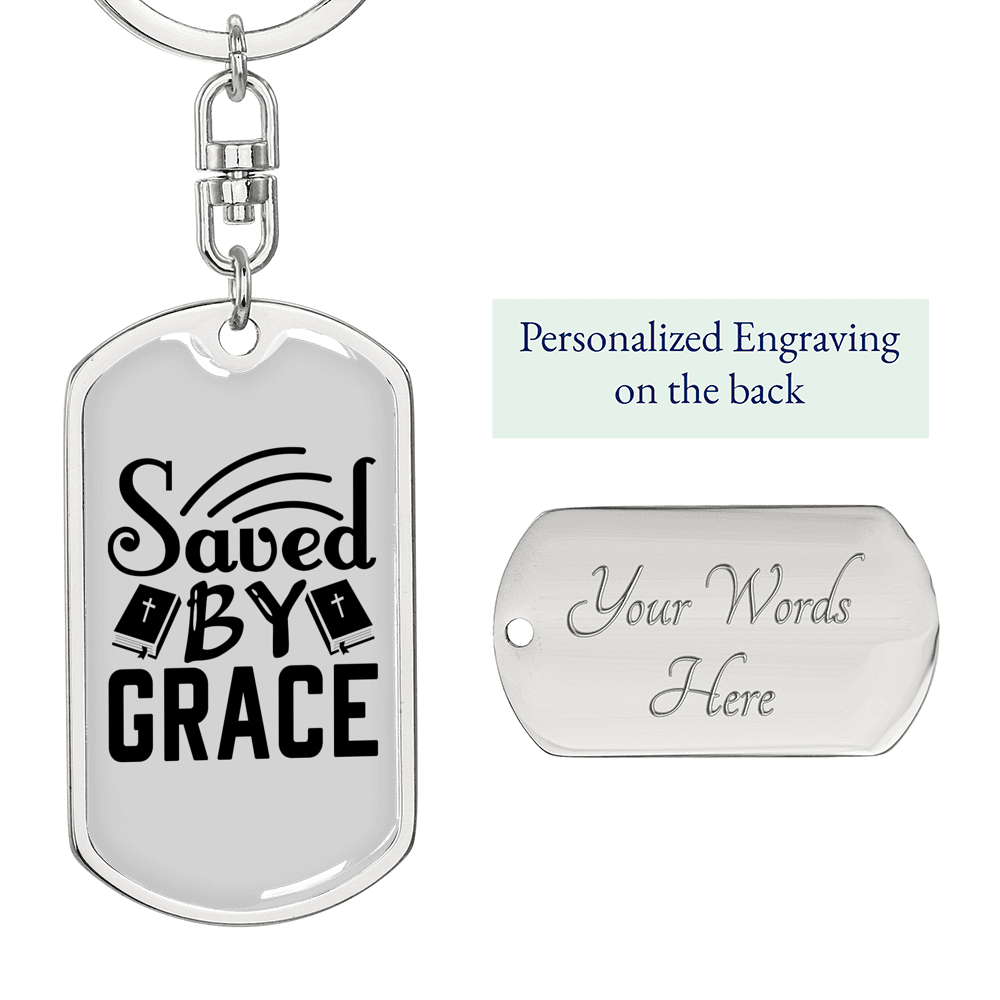 Saved By Grace Keychain Stainless Steel or 18k Gold Dog Tag Keyring-Express Your Love Gifts