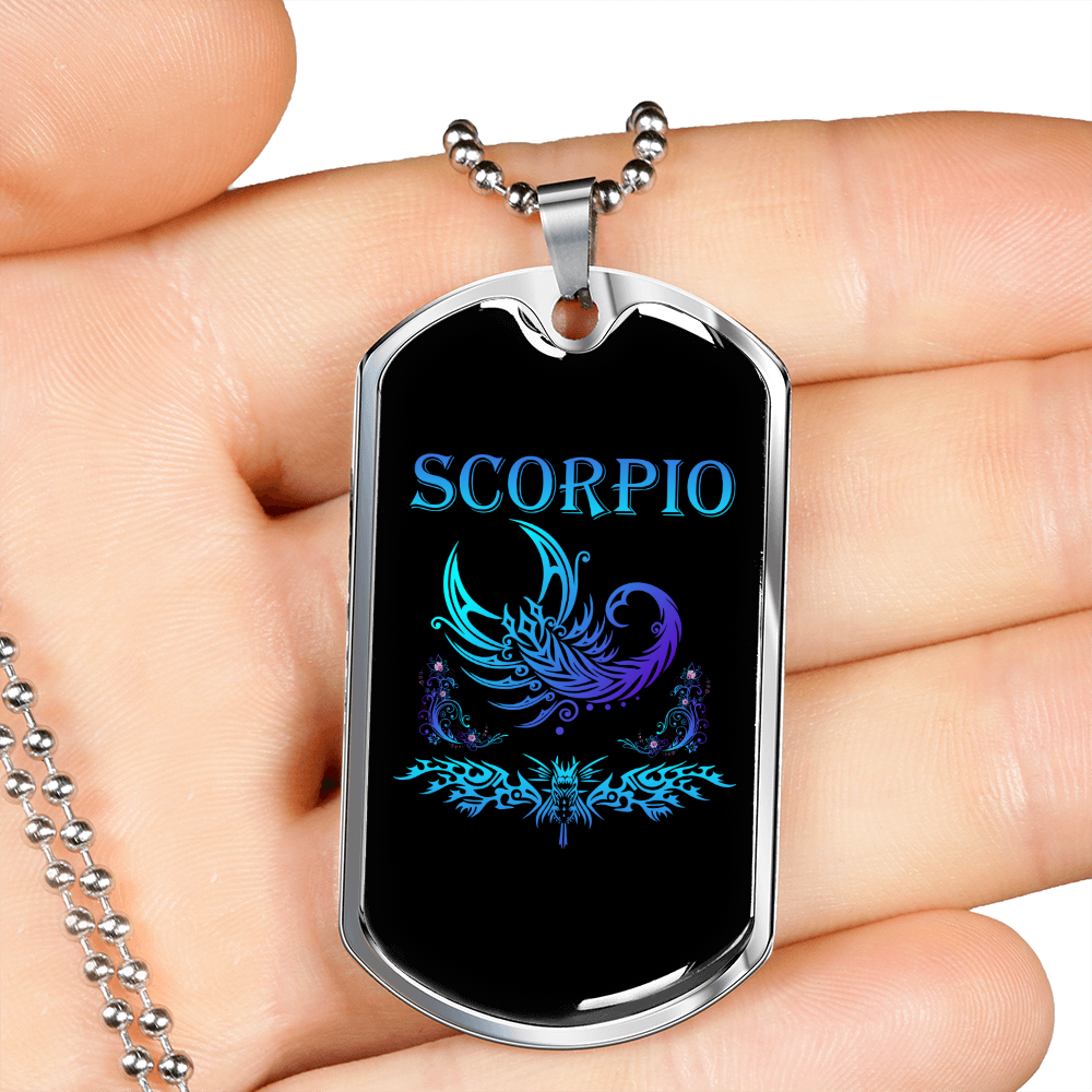 Scorpio Blue Scorpion Zodiac Necklace Stainless Steel or 18k Gold Dog Tag 24" Chain-Express Your Love Gifts