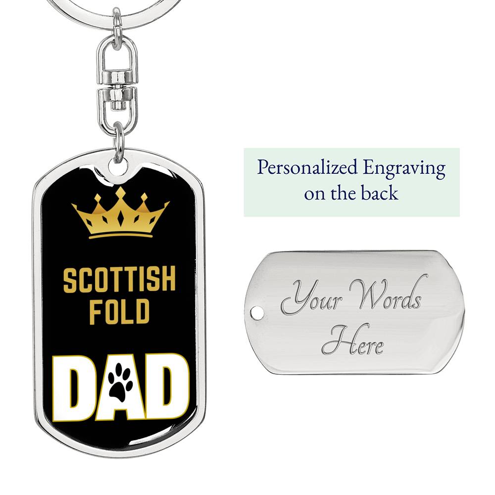 Scottish Fold Cat Dad King Keychain Stainless Steel or 18k Gold-Express Your Love Gifts