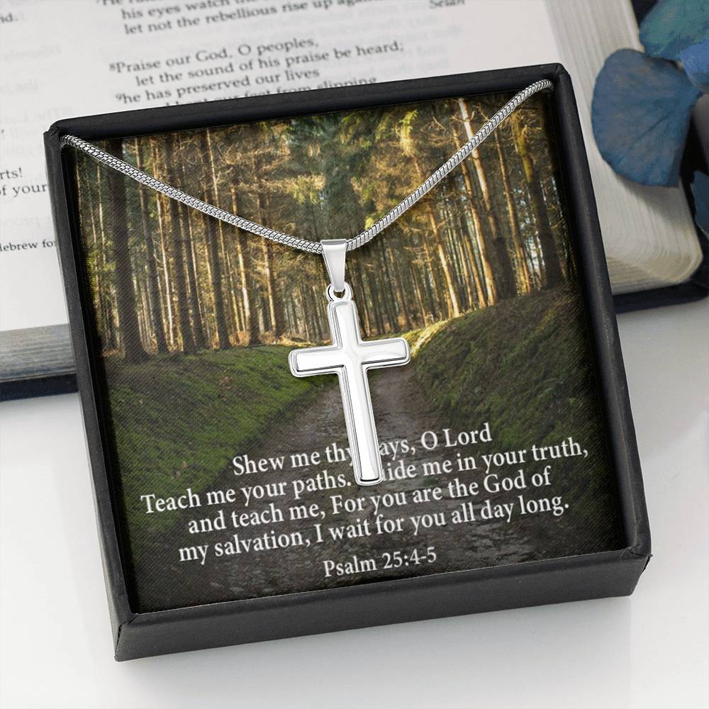 Scripture Card Baptism Psalm 25:4-5 Cross Necklace Faith Stainless Steel Pendant Religious Gift-Express Your Love Gifts