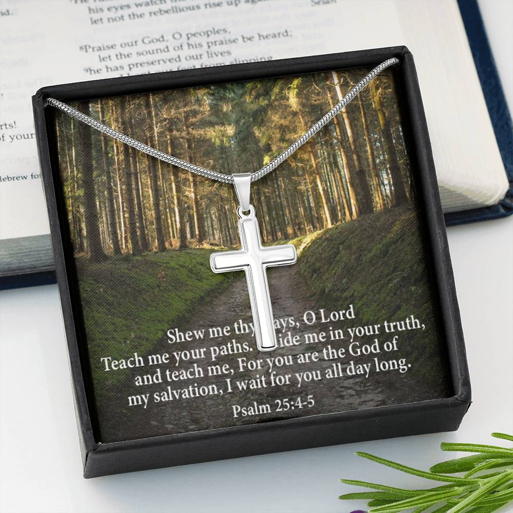 Scripture Card Baptism Psalm 25:4-5 Cross Necklace Faith Stainless Steel Pendant Religious Gift-Express Your Love Gifts