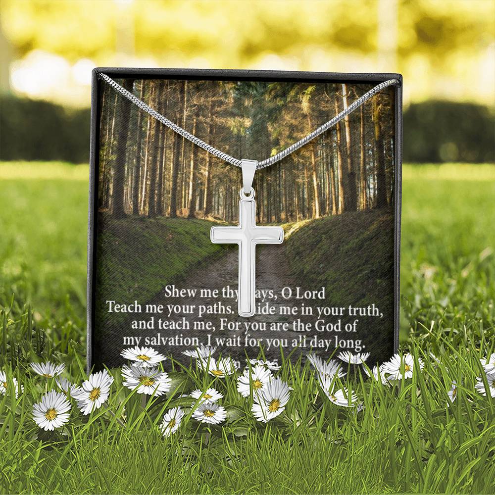 Scripture Card Baptism Psalm 25:4-5 Cross Necklace Faith Stainless Steel Pendant Religious Gift-Express Your Love Gifts