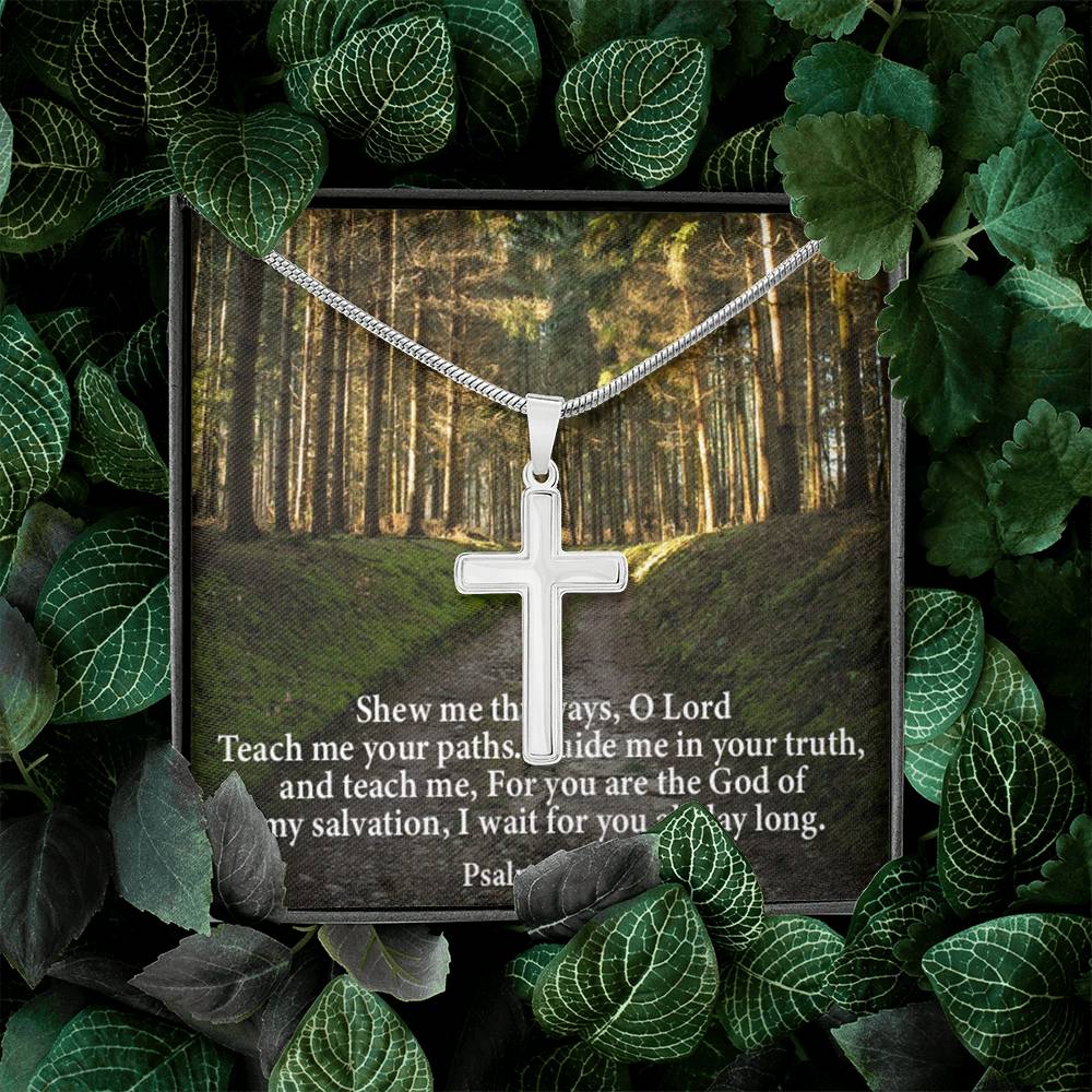 Scripture Card Baptism Psalm 25:4-5 Cross Necklace Faith Stainless Steel Pendant Religious Gift-Express Your Love Gifts