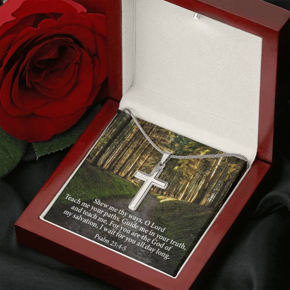 Scripture Card Baptism Psalm 25:4-5 Cross Necklace Faith Stainless Steel Pendant Religious Gift-Express Your Love Gifts