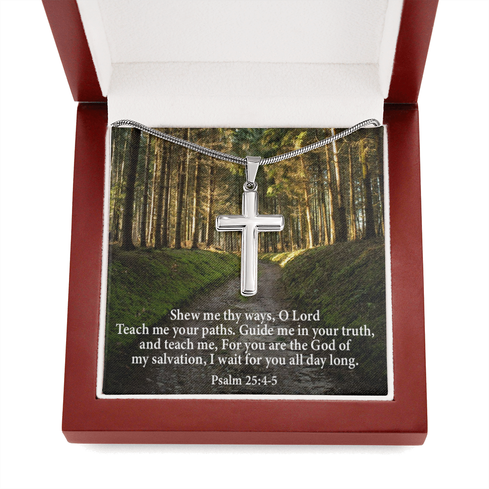 Scripture Card Baptism Psalm 25:4-5 Cross Necklace Faith Stainless Steel Pendant Religious Gift-Express Your Love Gifts