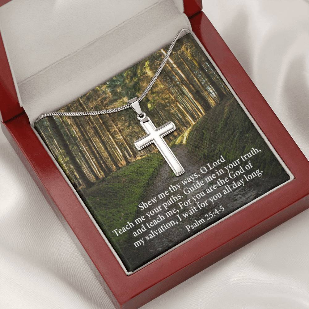 Scripture Card Baptism Psalm 25:4-5 Cross Necklace Faith Stainless Steel Pendant Religious Gift-Express Your Love Gifts