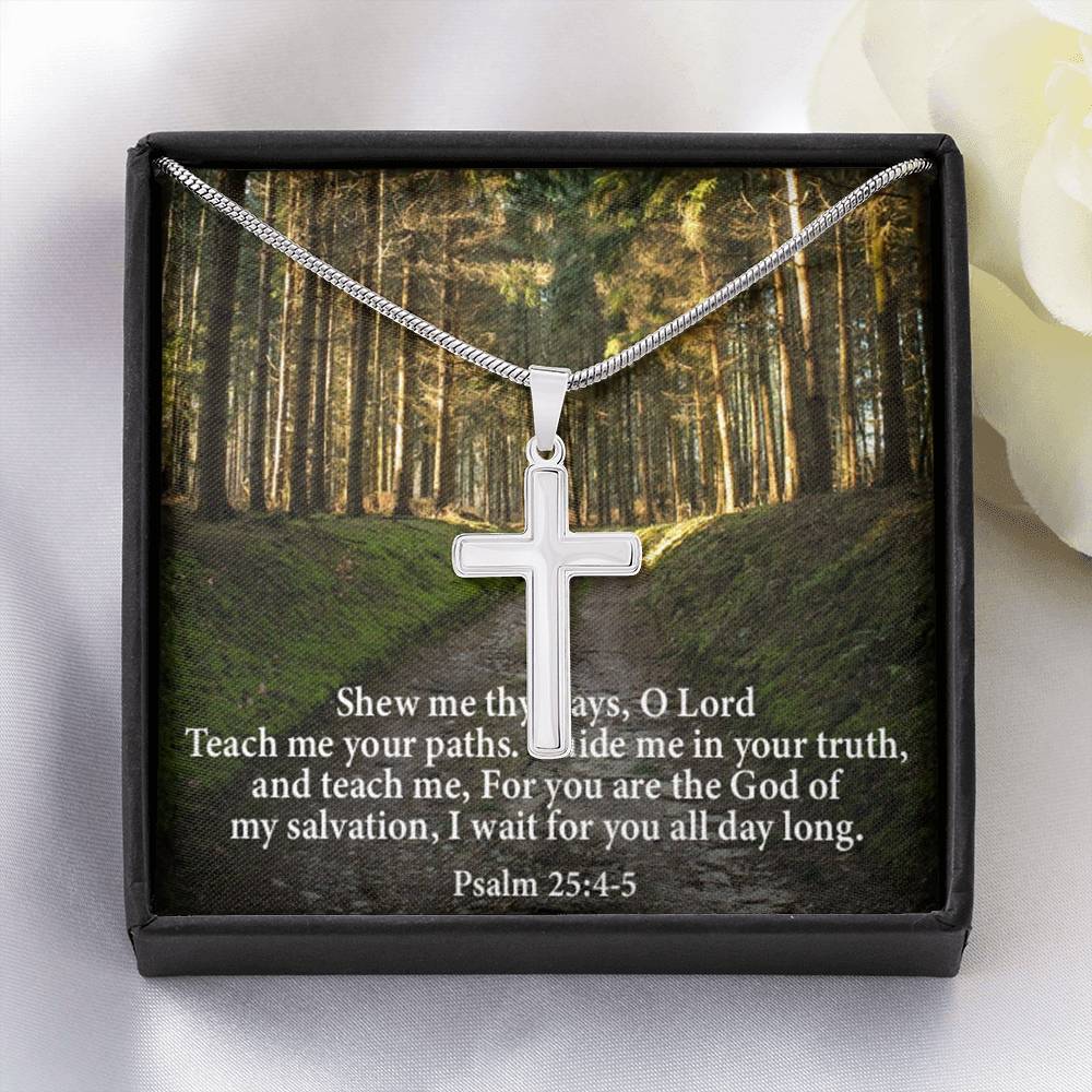 Scripture Card Baptism Psalm 25:4-5 Cross Necklace Faith Stainless Steel Pendant Religious Gift-Express Your Love Gifts