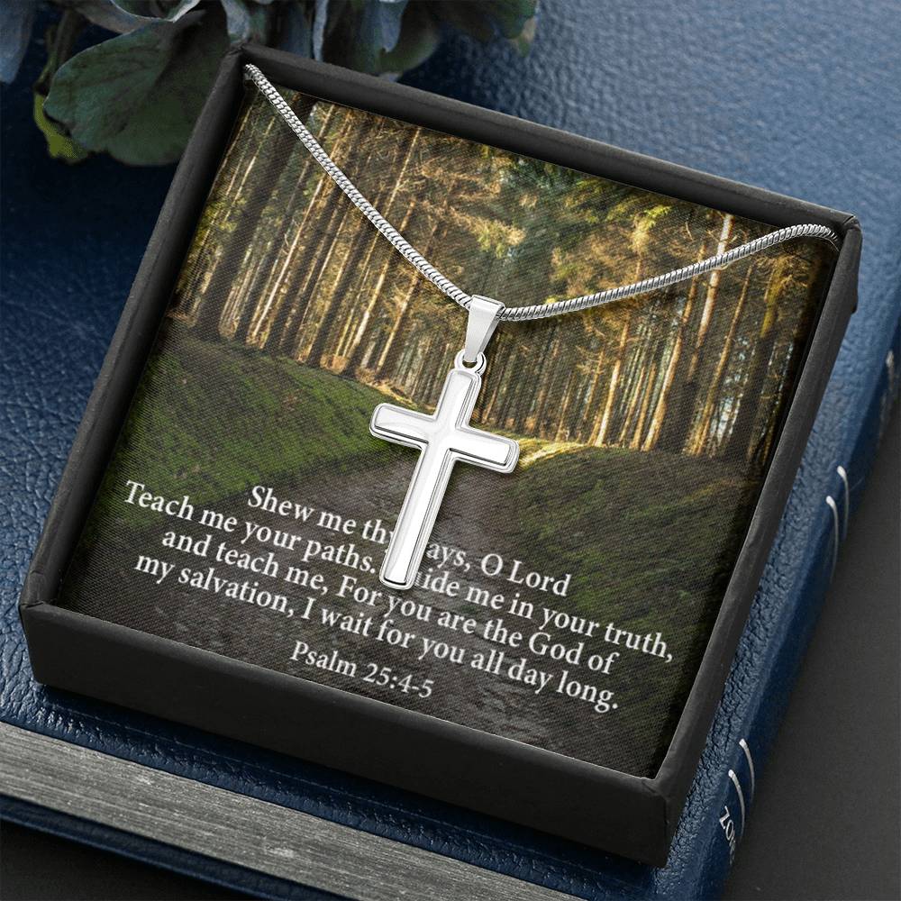 Scripture Card Baptism Psalm 25:4-5 Cross Necklace Faith Stainless Steel Pendant Religious Gift-Express Your Love Gifts