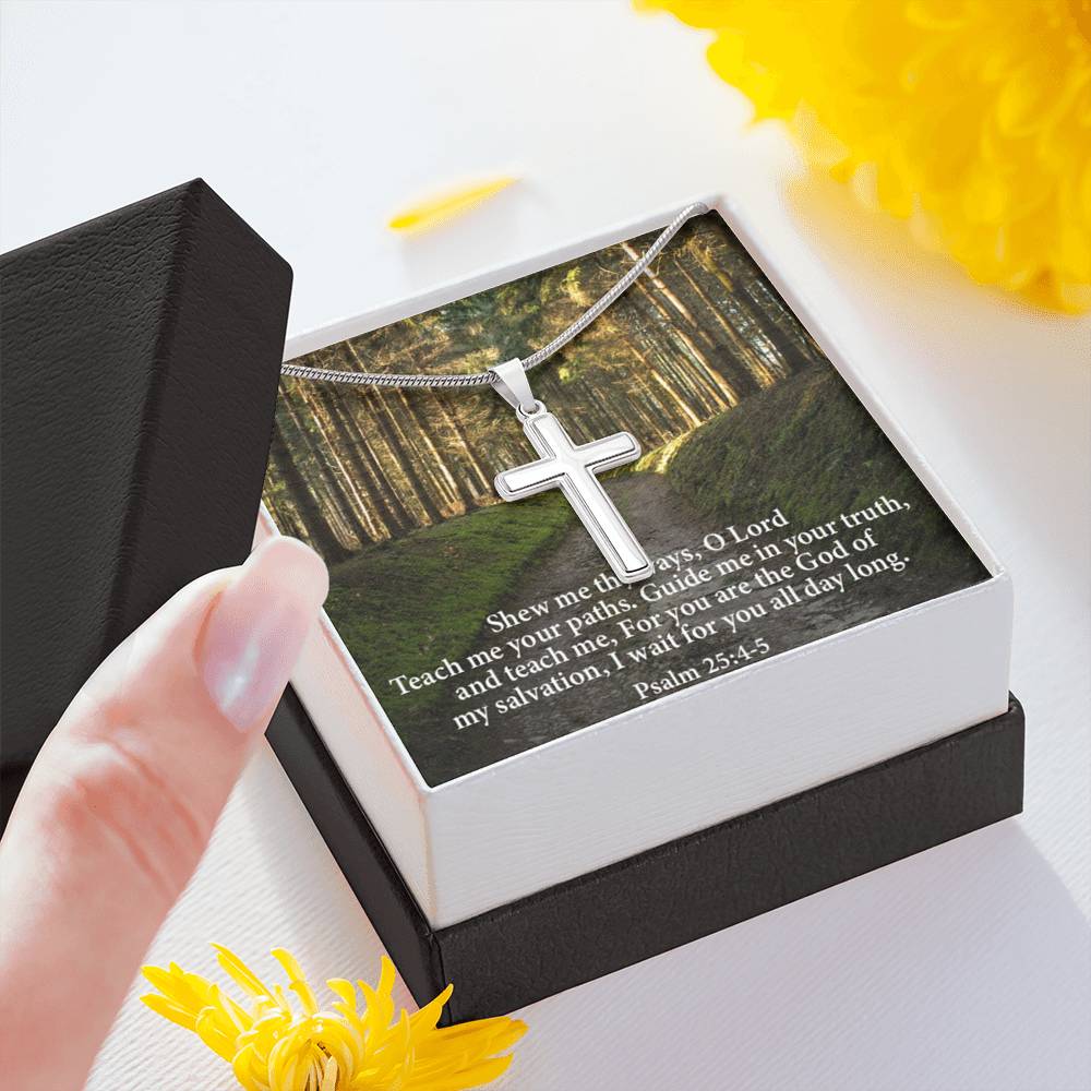 Scripture Card Baptism Psalm 25:4-5 Cross Necklace Faith Stainless Steel Pendant Religious Gift-Express Your Love Gifts