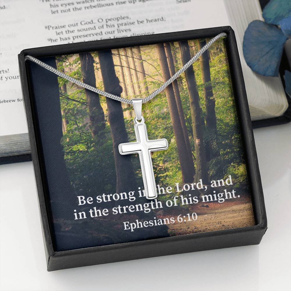 Scripture Card Be Strong In The Lord Ephesians 6:10 Cross Card Necklace w Stainless Steel Pendant Religious Gift-Express Your Love Gifts