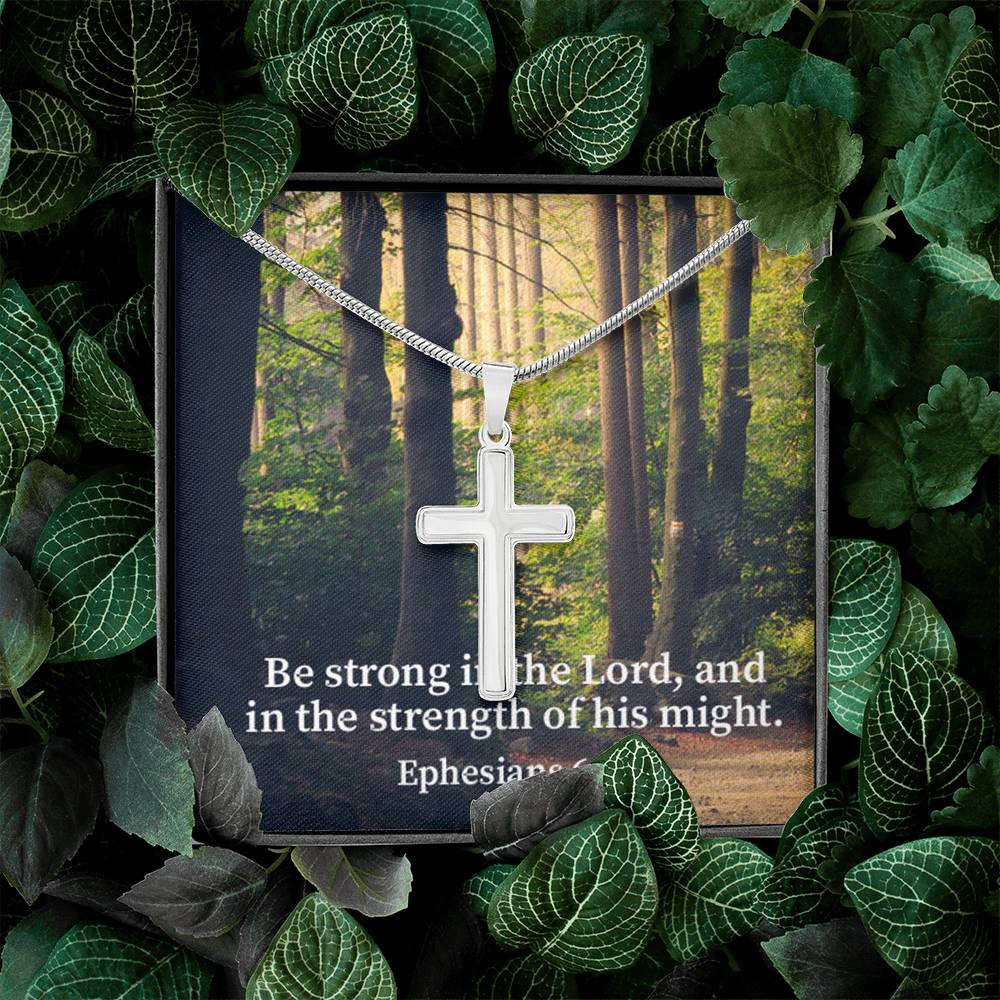 Scripture Card Be Strong In The Lord Ephesians 6:10 Cross Card Necklace w Stainless Steel Pendant Religious Gift-Express Your Love Gifts