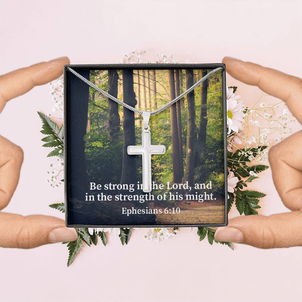 Scripture Card Be Strong In The Lord Ephesians 6:10 Cross Card Necklace w Stainless Steel Pendant Religious Gift-Express Your Love Gifts