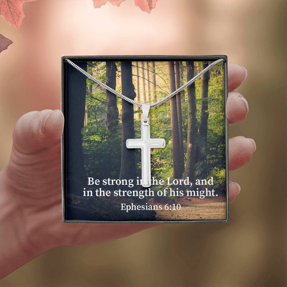 Scripture Card Be Strong In The Lord Ephesians 6:10 Cross Card Necklace w Stainless Steel Pendant Religious Gift-Express Your Love Gifts