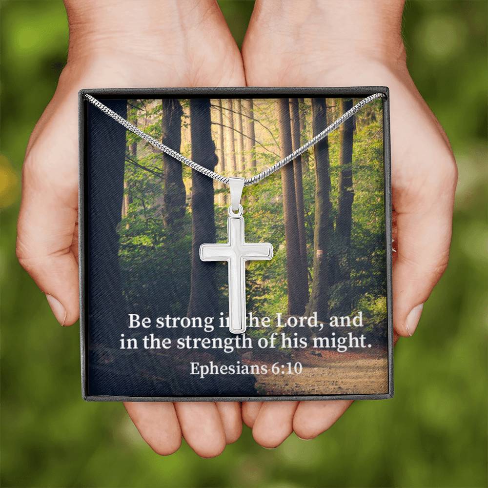 Scripture Card Be Strong In The Lord Ephesians 6:10 Cross Card Necklace w Stainless Steel Pendant Religious Gift-Express Your Love Gifts