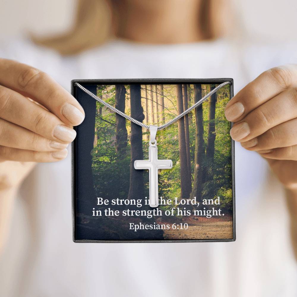 Scripture Card Be Strong In The Lord Ephesians 6:10 Cross Card Necklace w Stainless Steel Pendant Religious Gift-Express Your Love Gifts
