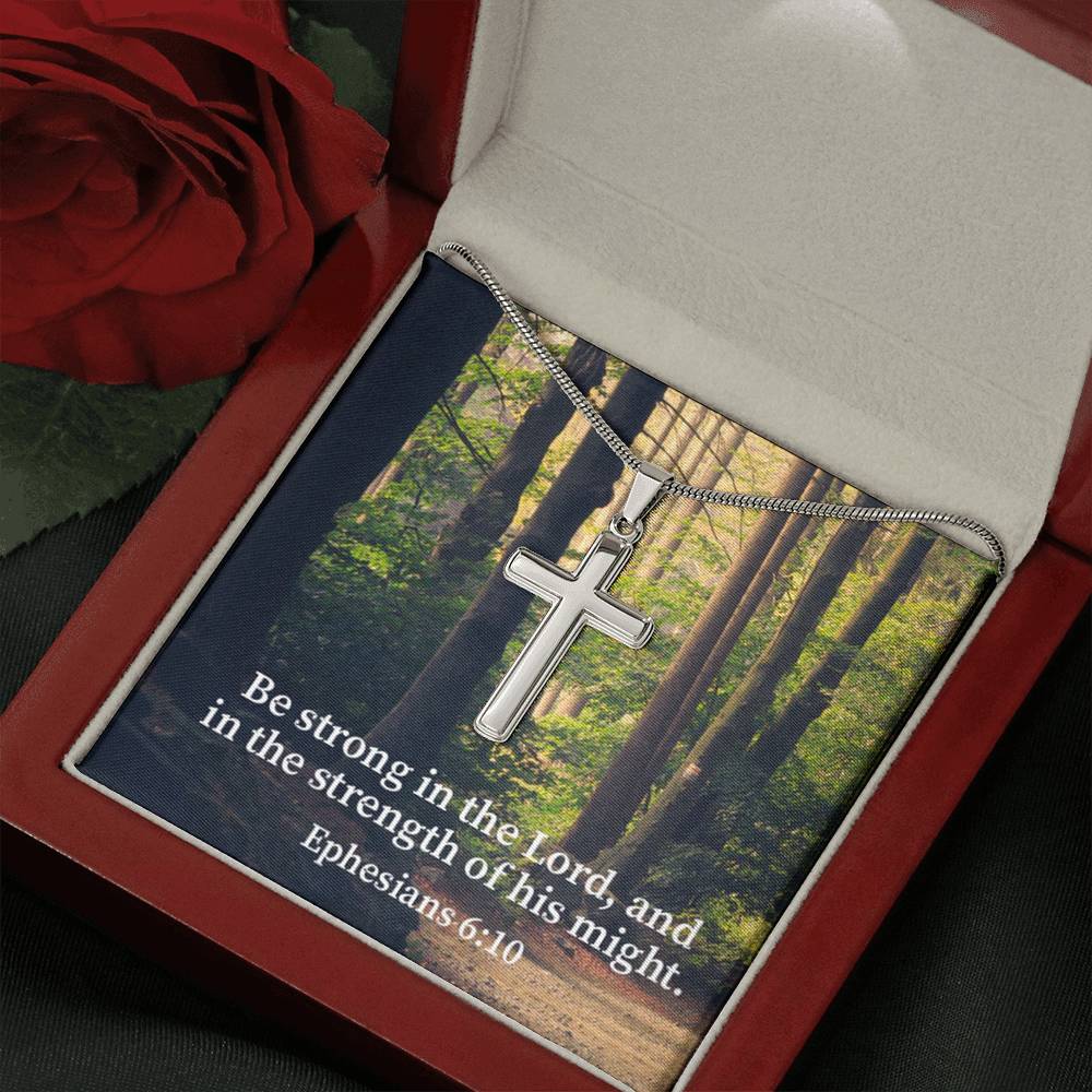 Scripture Card Be Strong In The Lord Ephesians 6:10 Cross Card Necklace w Stainless Steel Pendant Religious Gift-Express Your Love Gifts
