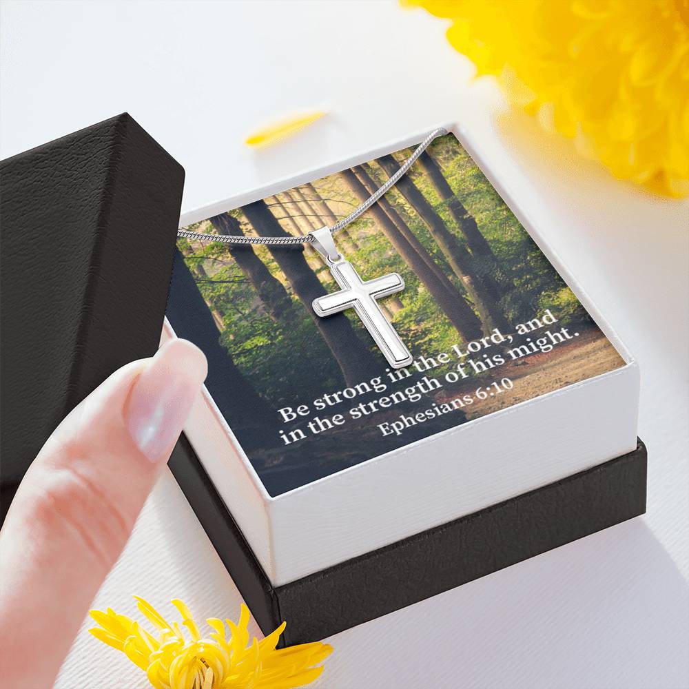 Scripture Card Be Strong In The Lord Ephesians 6:10 Cross Card Necklace w Stainless Steel Pendant Religious Gift-Express Your Love Gifts
