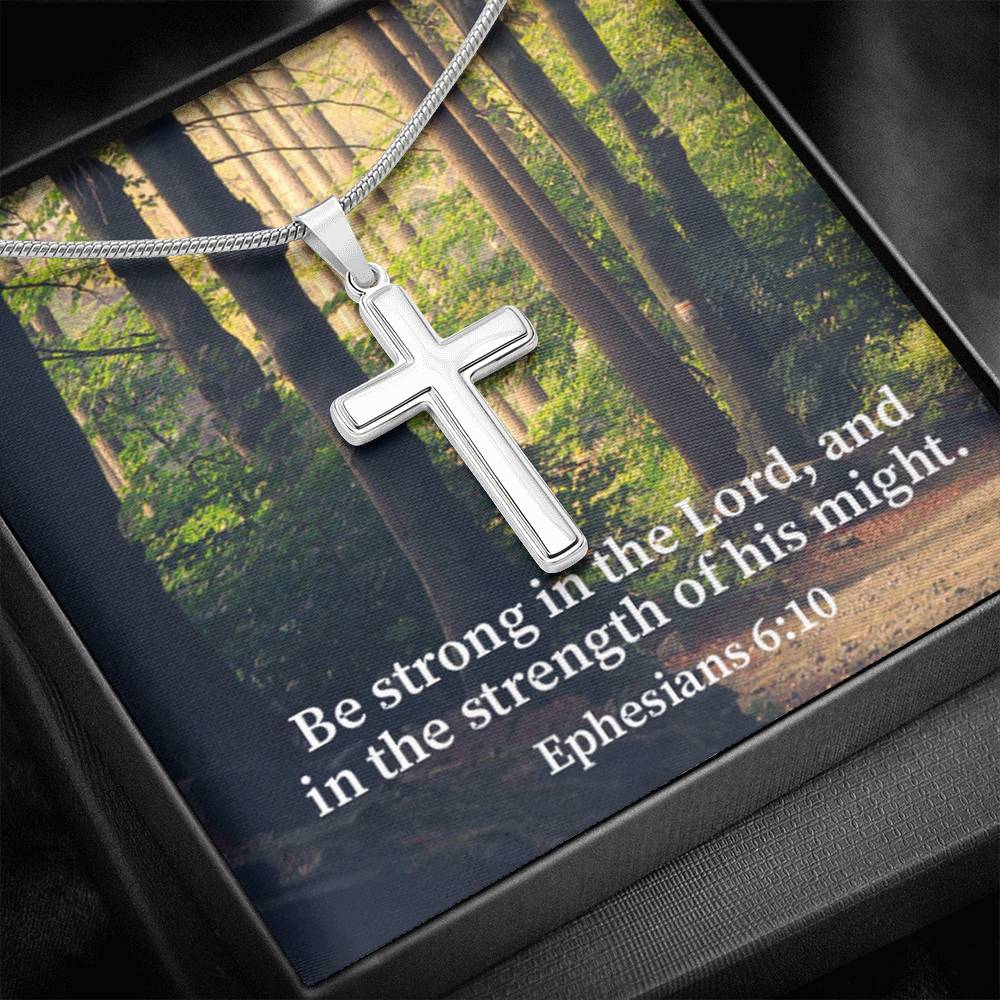 Scripture Card Be Strong In The Lord Ephesians 6:10 Cross Card Necklace w Stainless Steel Pendant Religious Gift-Express Your Love Gifts