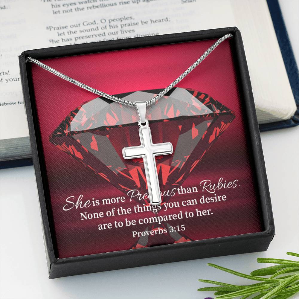Scripture Card Better Than Rubies Proverbs 3:15 Cross Card Necklace w Stainless Steel Pendant Religious Gift-Express Your Love Gifts