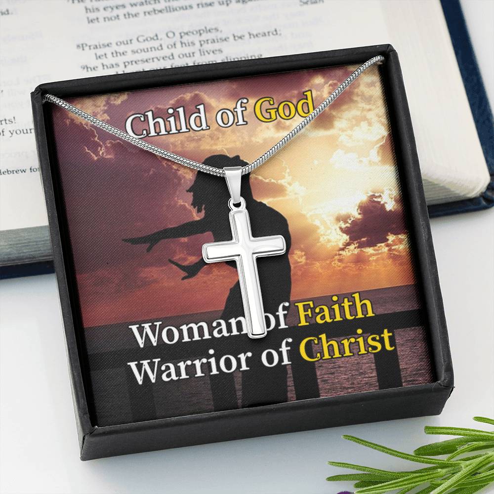 Scripture Card Child Of God Woman Of Faith Warrior Of Christ Faith Cross Card Necklace w Stainless Steel Pendant-Express Your Love Gifts