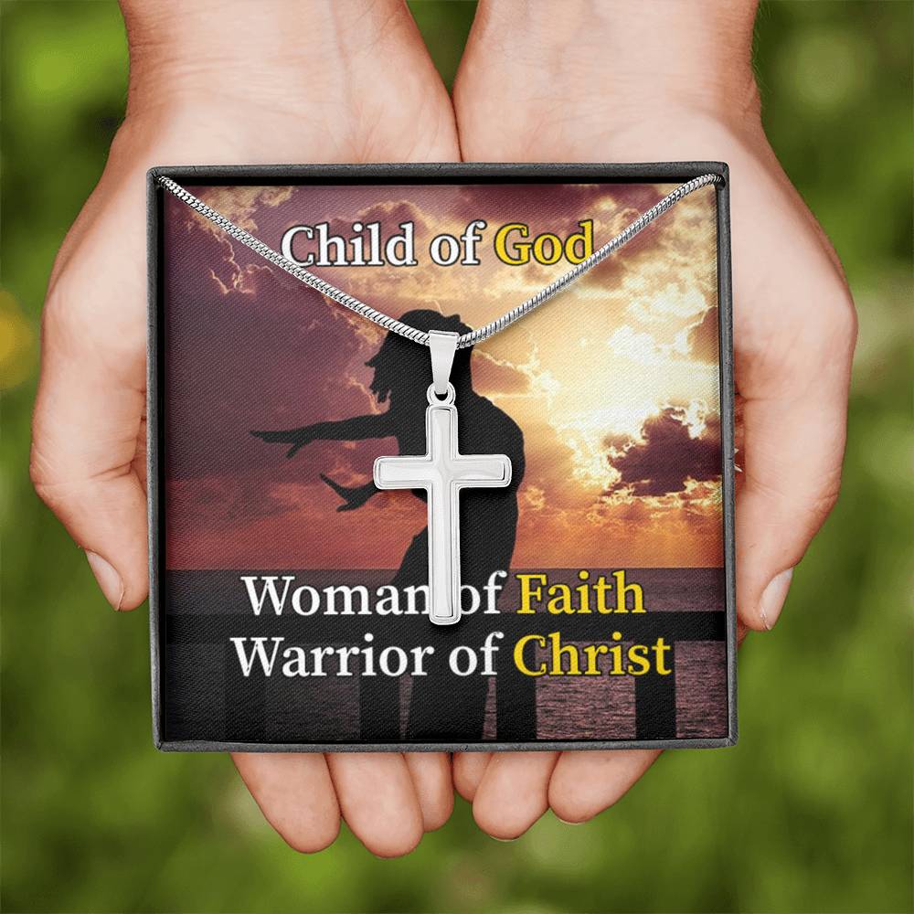 Scripture Card Child Of God Woman Of Faith Warrior Of Christ Faith Cross Card Necklace w Stainless Steel Pendant-Express Your Love Gifts
