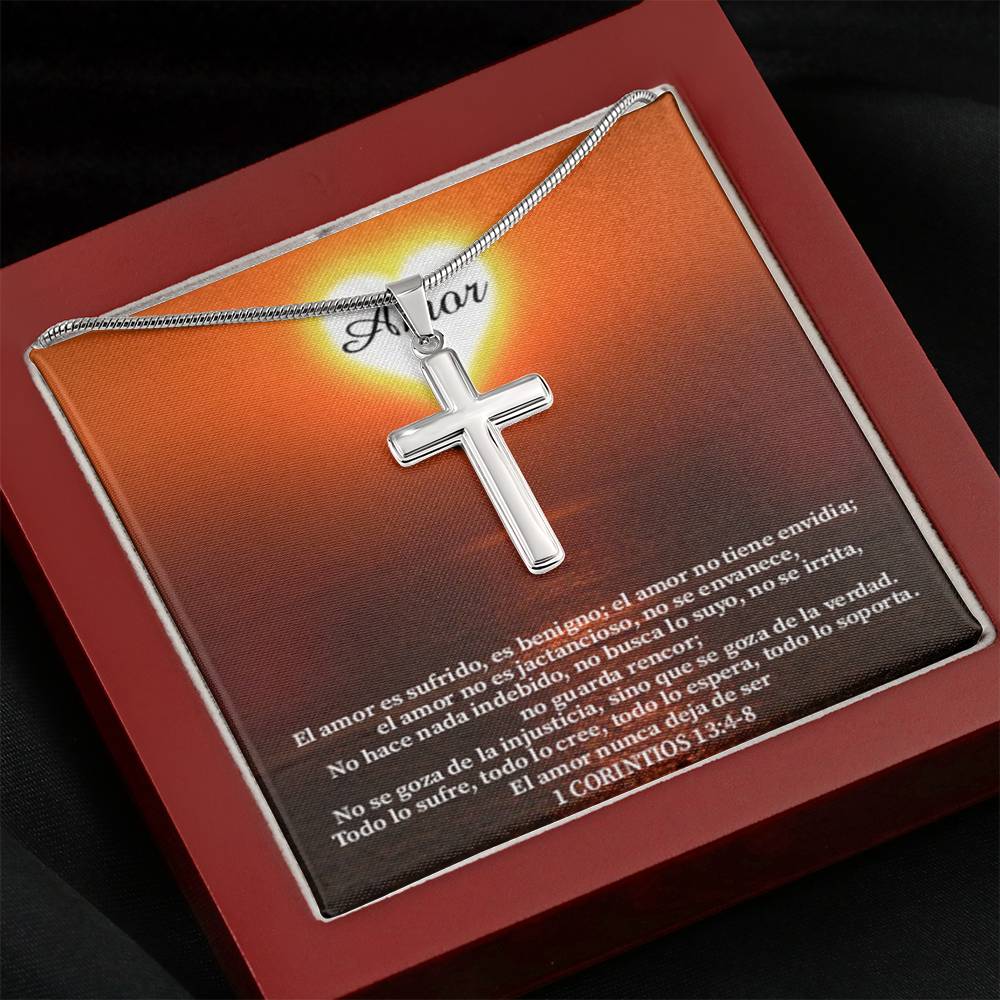 Scripture Card Christian Encouragement Spanish Message 1 Corintos 13:4-8 Cross Card Necklace w Stainless Steel Pendant Religious Gift-Express Your Love Gifts
