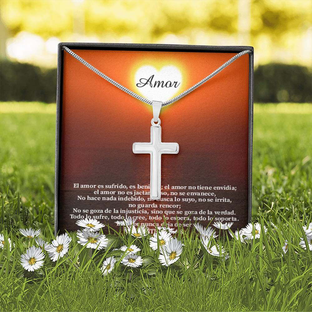 Scripture Card Christian Encouragement Spanish Message 1 Corintos 13:4-8 Cross Card Necklace w Stainless Steel Pendant Religious Gift-Express Your Love Gifts